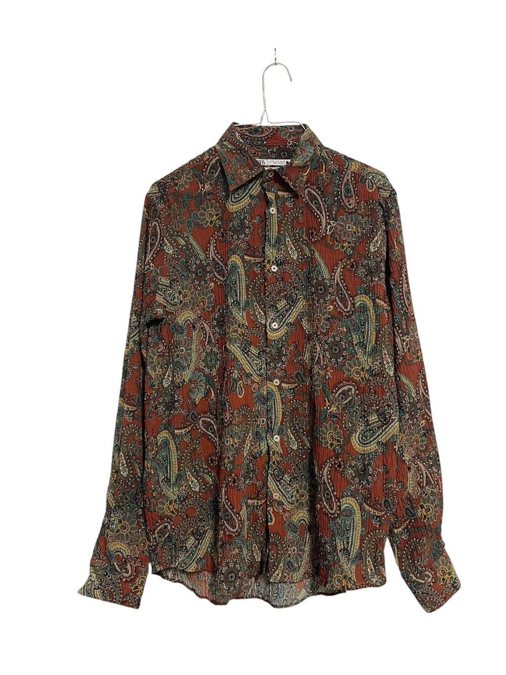 Zara Men’s Orange Paisley Casual Dress Shirt Shirred Size Small